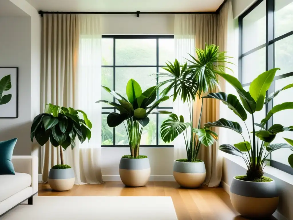 Un oasis de serenidad con plantas de interior en armonía Feng Shui, creando un espacio de equilibrio y tranquilidad