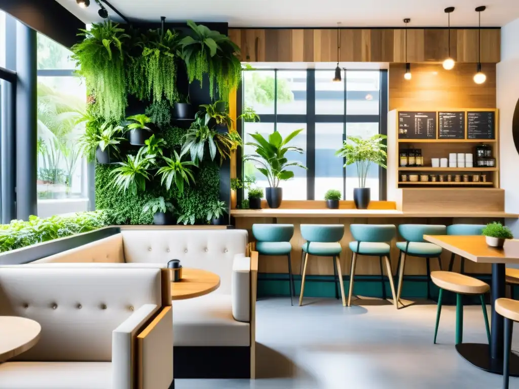 Interior de café minimalista zen con abundante vegetación y luz natural Un oasis de serenidad con plantas de Feng Shui y diseño minimalista para el hogar