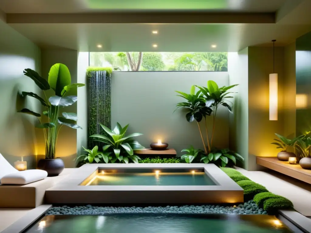 Un oasis de serenidad: un spa minimalista con plantas purificadoras Feng Shui, agua tranquila y luz natural