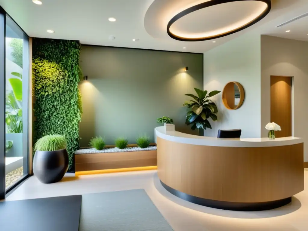Serenidad en el Spa: Recepción minimalista y armoniosa Diseño de recepción spa Feng Shui: Un oasis sereno con agua, luz natural y elementos equilibrados, creando armonía y tranquilidad