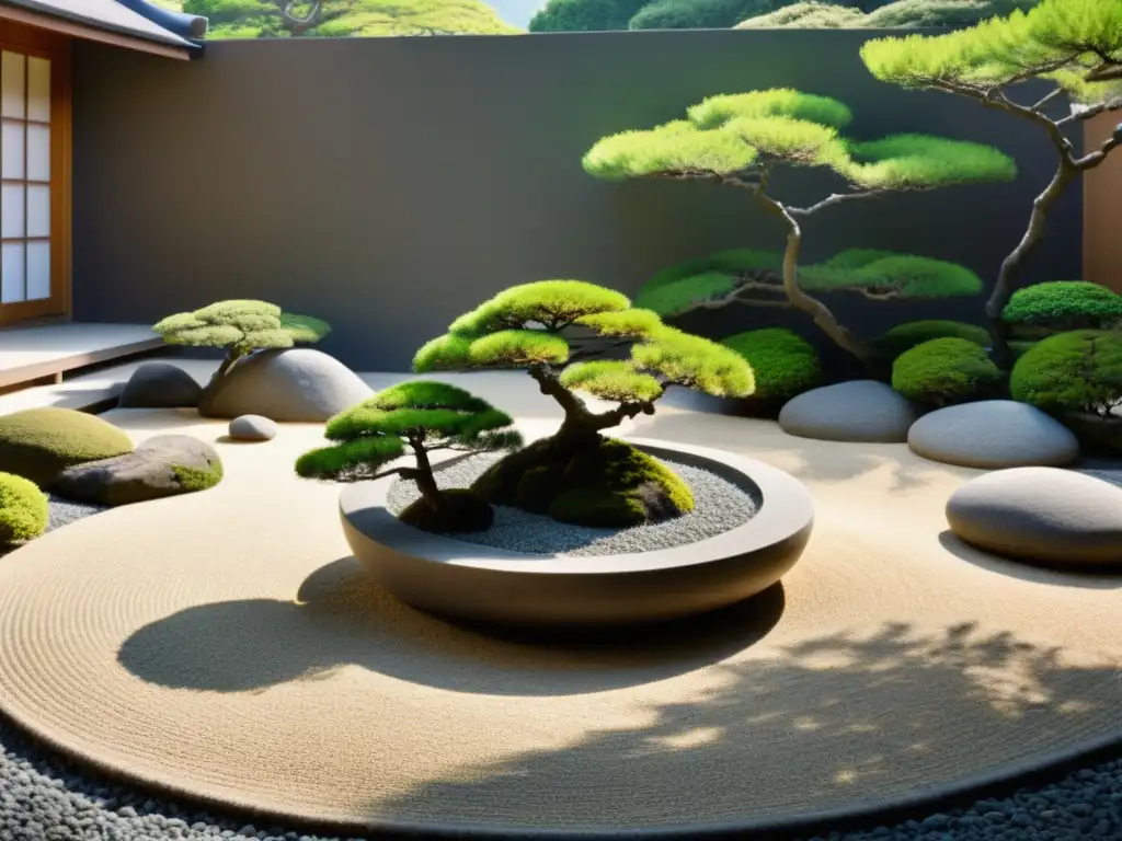 Un jardín Feng Shui en armonía: un oasis sereno con bonsáis y rocas cuidadosamente dispuestas, creando un ambiente de paz y equilibrio