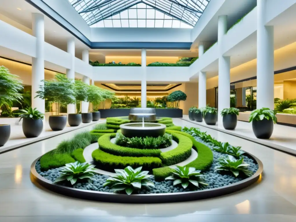 Un oasis sereno de jardín interior en un moderno centro comercial, con plantas verdes, senderos de piedra y agua, bajo luz natural