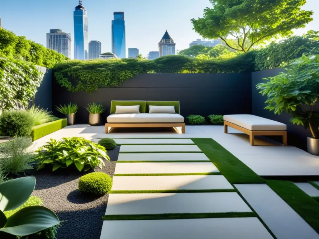 Un oasis de tranquilidad en azotea con diseño Feng Shui para jardines en azoteas, rodeado de exuberante vegetación y mobiliario moderno