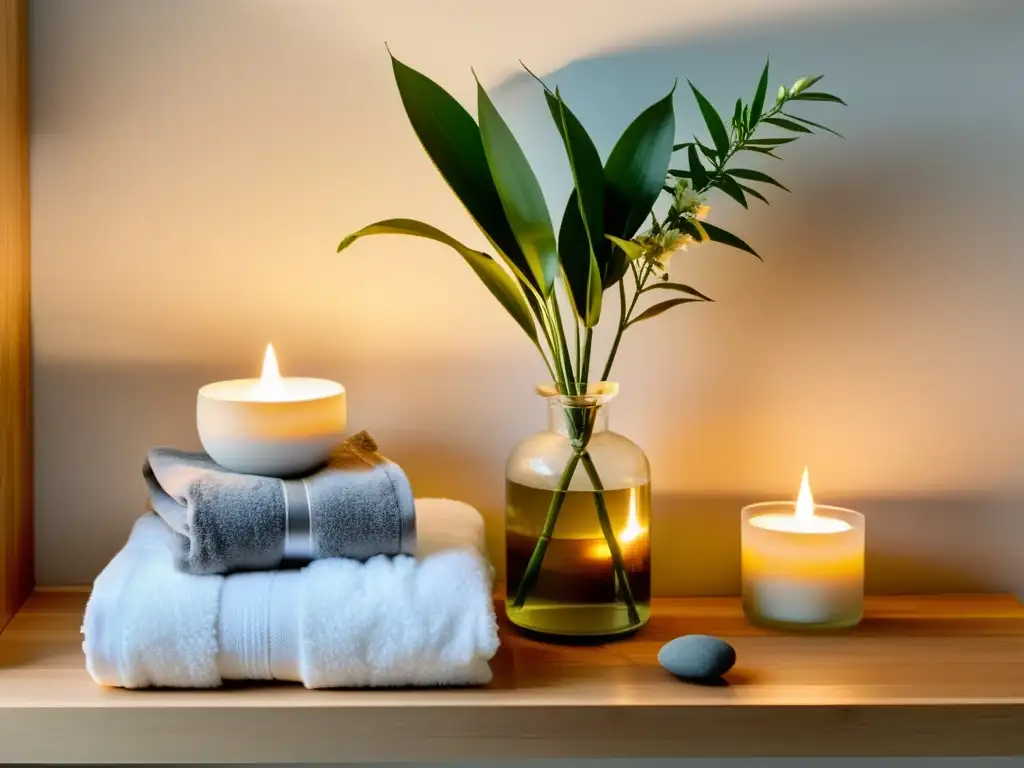 Un oasis de tranquilidad con elementos naturales y suaves luces de velas, ideal para rituales baños purificación energética