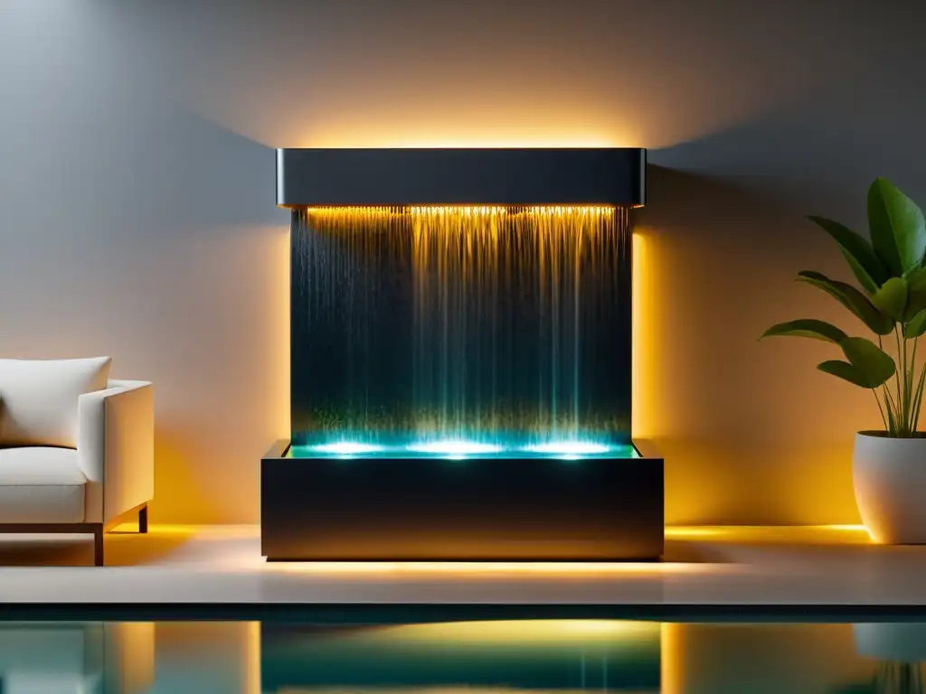 Un oasis de tranquilidad con una fuente de agua minimalista iluminada, rodeada de elementos naturales