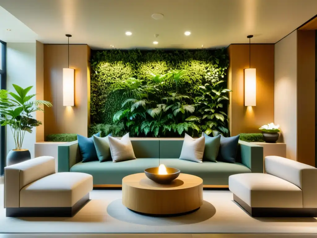 Un oasis de tranquilidad en el lobby del spa del hotel, con diseño Feng Shui para hotel spa, iluminación suave y elementos naturales