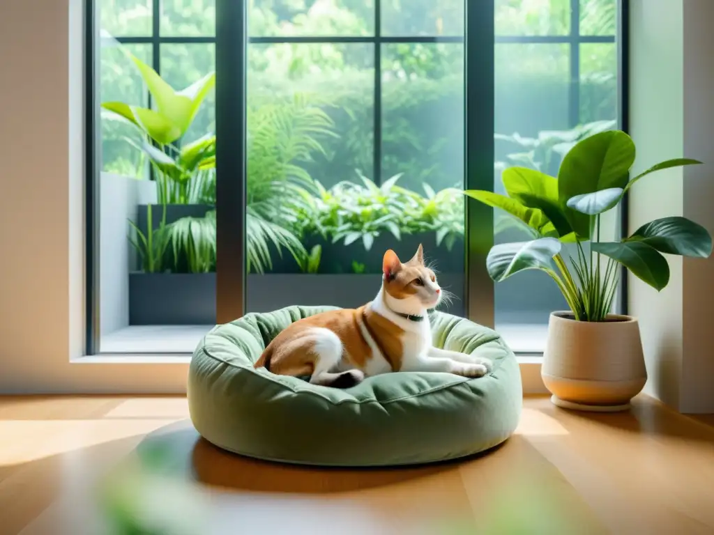 Un oasis de tranquilidad para mascotas felices con un diseño armonioso y equilibrado que evoca el Feng Shui para mascotas felices