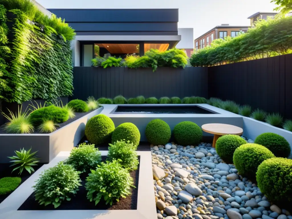 Un oasis de tranquilidad en un techo verde, con rocas, plantas y agua