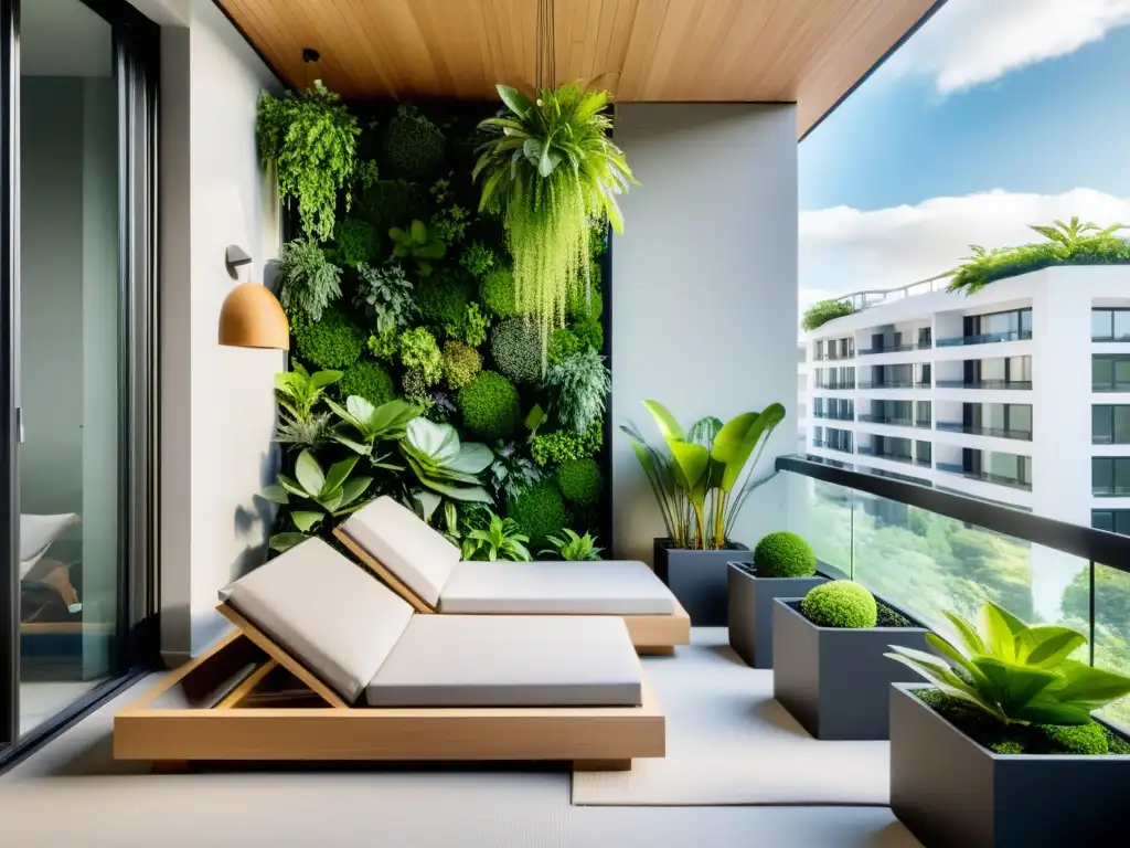 Un oasis de tranquilidad con un jardín vertical y muebles minimalistas, perfecto para aplicar Feng Shui en balcones con jardines verticales