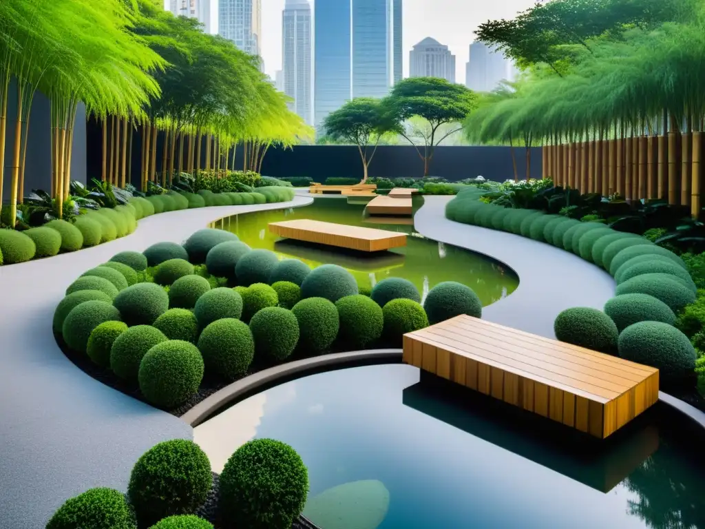 Un oasis urbano de serenidad y equilibrio, con jardines cuidados, lagunas tranquilas y diseño Feng Shui