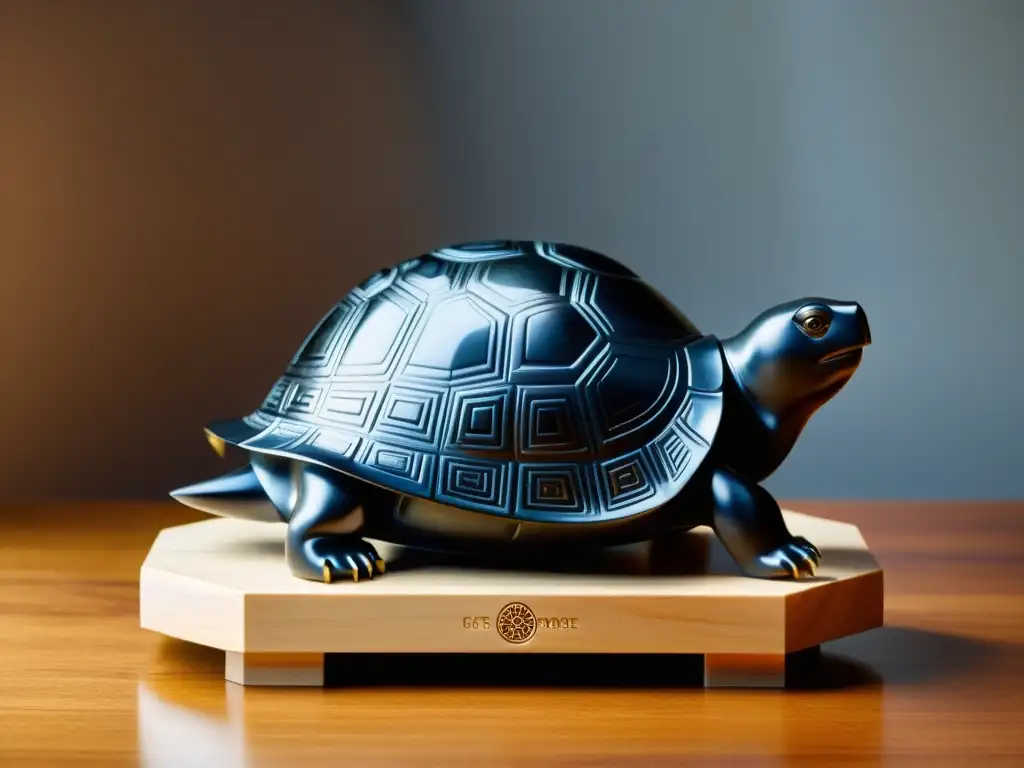 Escultura Feng Shui para protección del hogar: tortuga de obsidiana negra sobre base de madera, simbolizando estabilidad y armonía