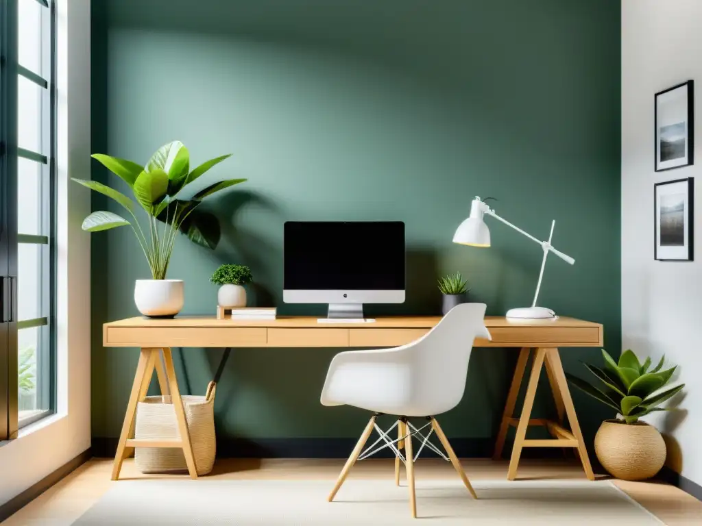 Oficina armoniosa con elementos de Feng Shui en ropa laboral que promueve calma y productividad