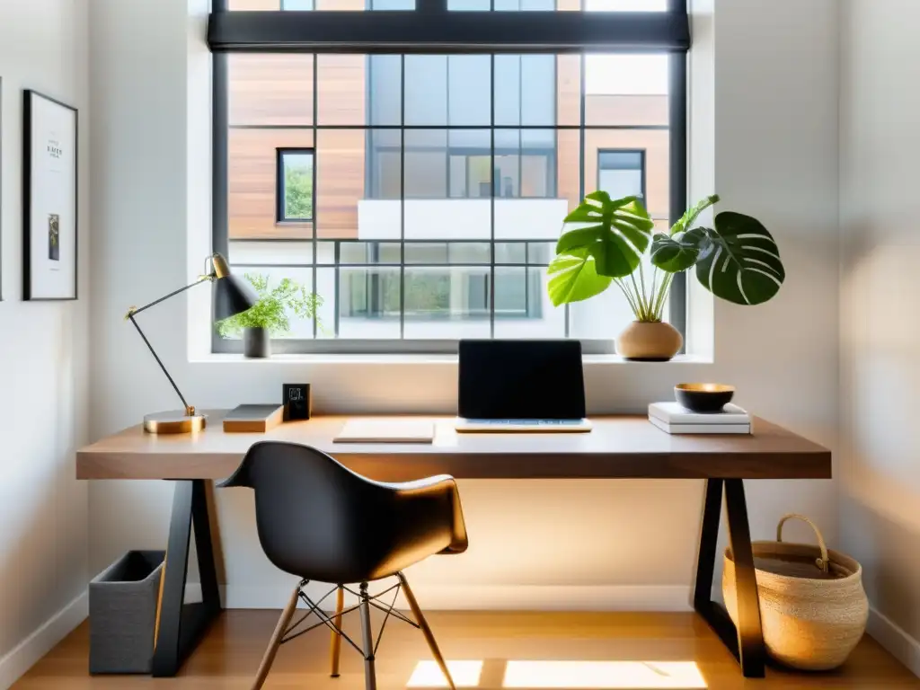 Oficina en casa con escritorio de madera para Feng Shui, decoración zen y luz natural