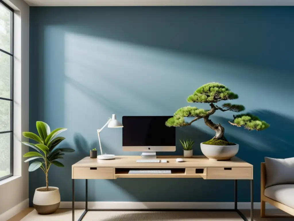 Oficina en casa minimalista con elementos de Feng Shui para aumentar productividad