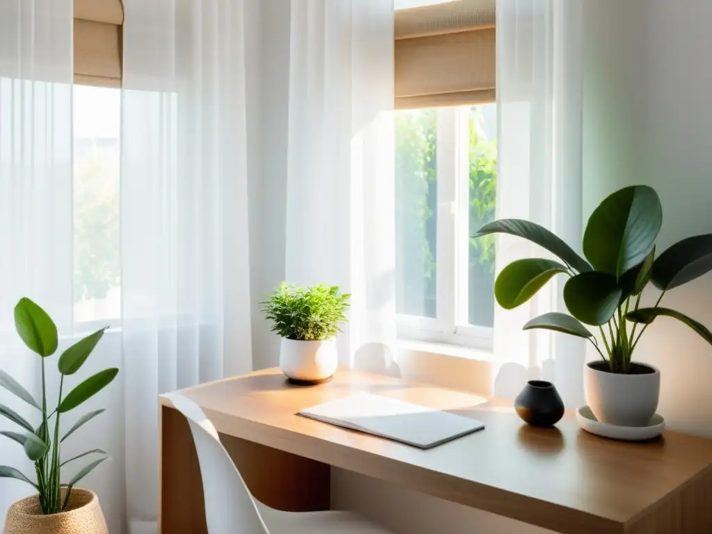 Oficina en casa minimalista con iluminación natural para hogar Feng Shui