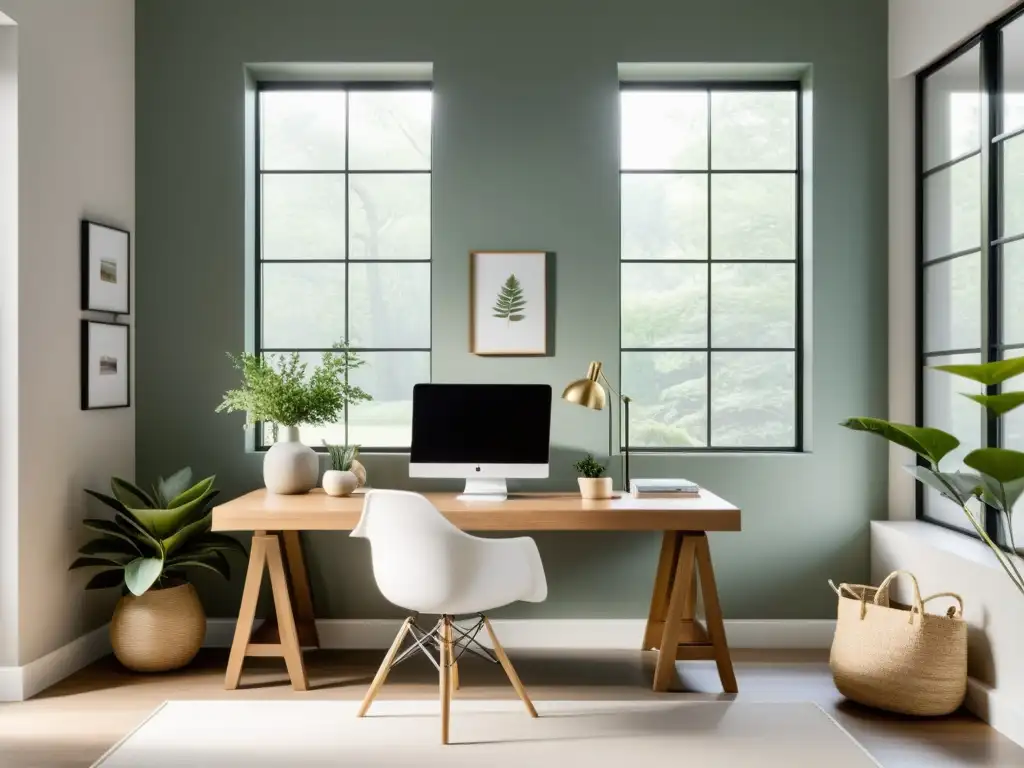 Oficina en casa serena con diseño Feng Shui, minimalista y organizada, iluminada por luz natural