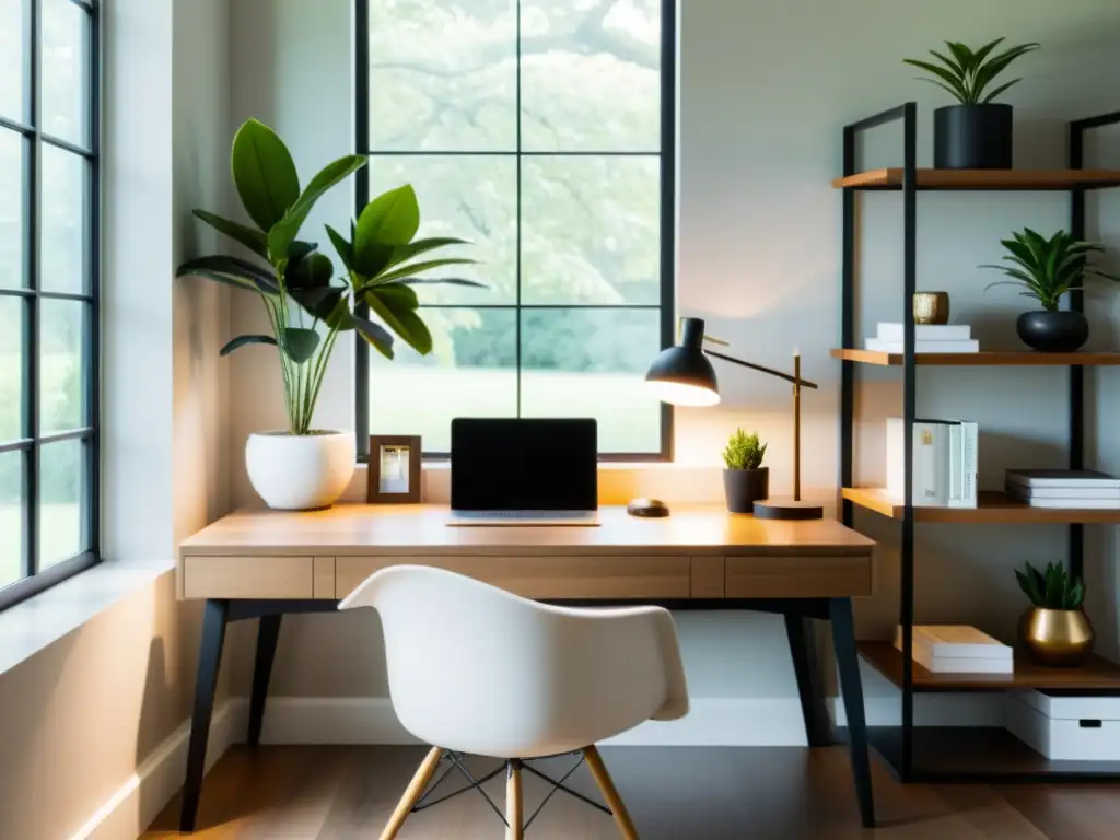 Oficina en casa Feng Shui con escritorio de madera, elementos armoniosos y luz natural