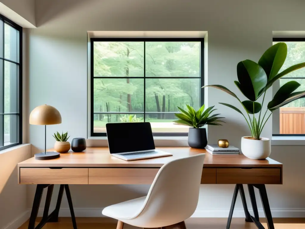 Oficina en casa Feng Shui con escritorio de madera, decoración minimalista y luz natural