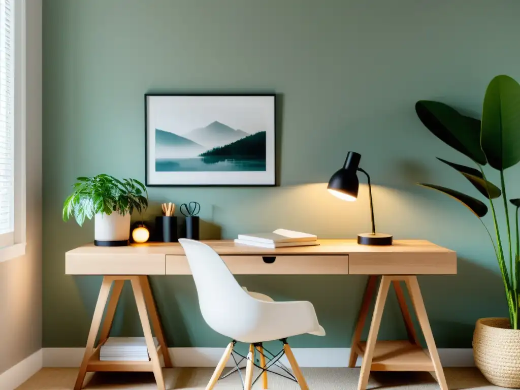 Oficina en casa Feng Shui con escritorio minimalista, luz natural y ambiente tranquilo para productividad