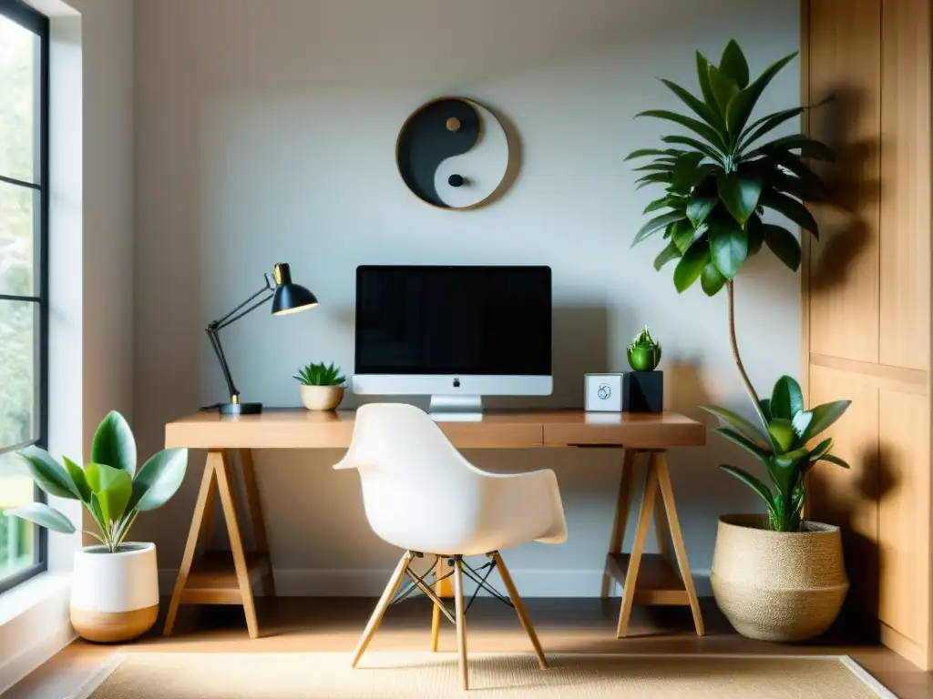 Oficina en casa Feng Shui con escritorio en posición de comando, decorada con elementos serenos para un ambiente armonioso y productivo