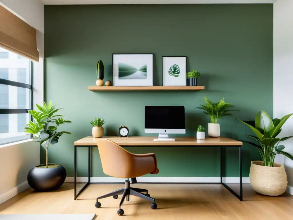 Feng Shui en la oficina: Espacio tranquilo y armonioso con muebles, luz natural y elementos Feng Shui como fuente y plantas