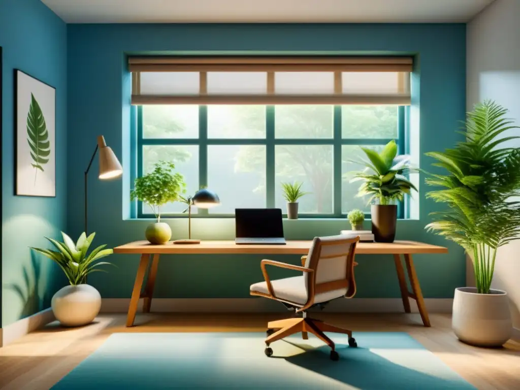 Oficina minimalista con armonía de colores feng shui en azules y verdes, muebles de madera y plantas