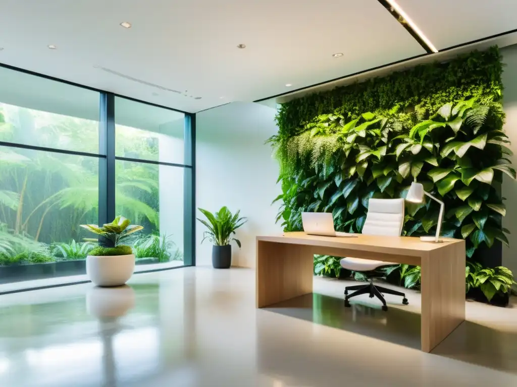 Oficina minimalista con armonioso ambiente vivo de Feng Shui, agua clara y plantas exuberantes bajo luz natural