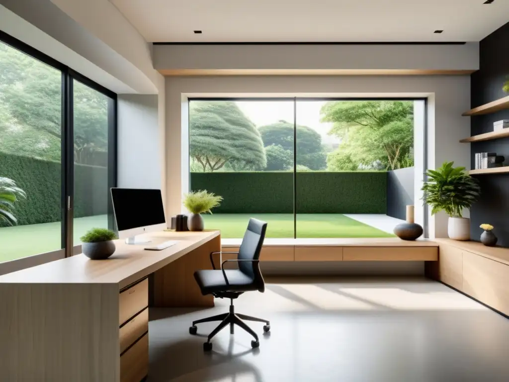 Oficina minimalista con Feng Shui en arquitectura sostenible, luz natural y armonía en jardín