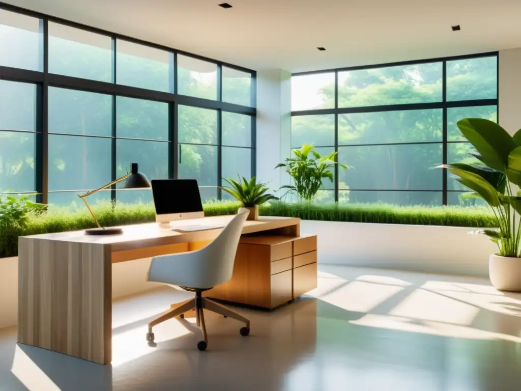 Oficina minimalista con Feng Shui en arquitectura sostenible, muebles de madera natural, líneas limpias y plantas estratégicamente colocadas, bañada por cálida luz natural