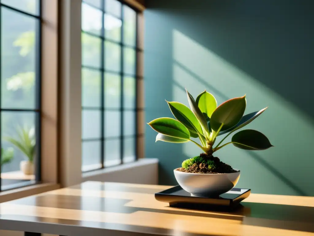 Oficina minimalista con arreglos de plantas Feng Shui para prosperidad en negocios