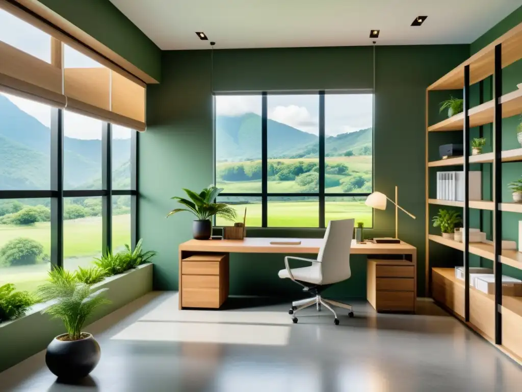 Oficina minimalista con diseño Feng Shui y claves de ubicación, rodeada de naturaleza y tranquilidad