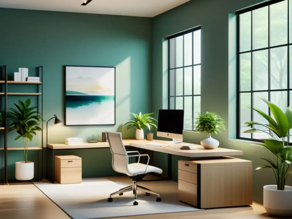 Oficina minimalista con Feng Shui sereno Oficina minimalista con colores Feng Shui, agua serena, plantas estratégicas y luz natural