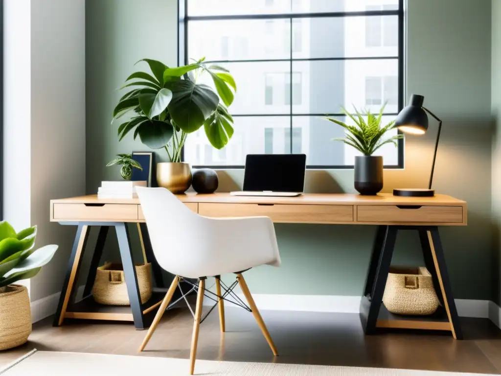 Oficina minimalista con Feng Shui Oficina minimalista con diseño Feng Shui, colores neutros y luz natural, creando armonía y equilibrio para un espacio productivo y tranquilo