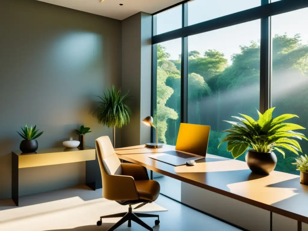 Oficina minimalista con Feng Shui para creatividad, ventana abierta a paisaje verde y luz cálida