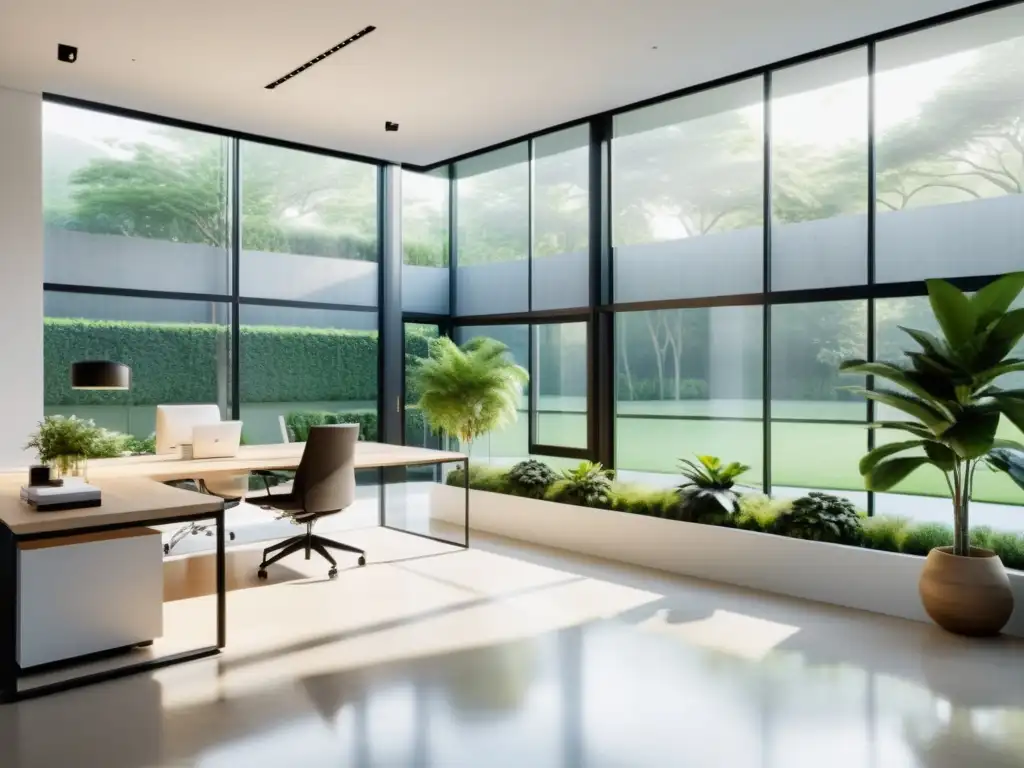 Oficina minimalista con diseño sostenible y Feng Shui, iluminación energéticamente eficiente y vista a un jardín sereno