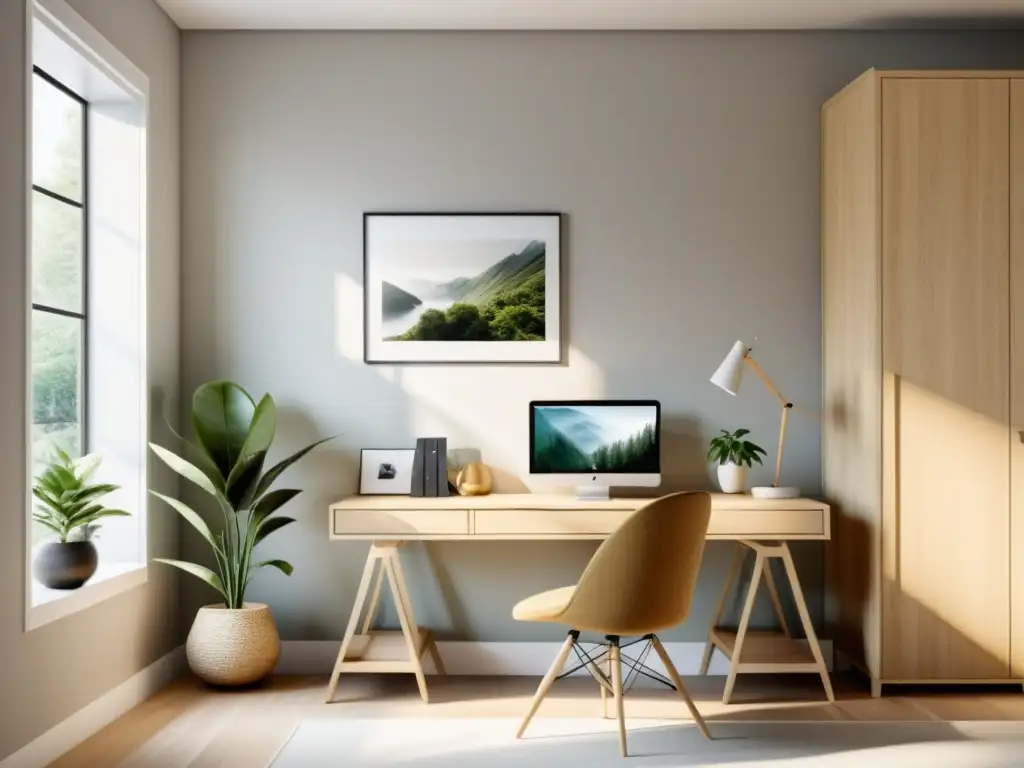 Oficina minimalista con elementos Feng Shui para negocios, escritorio ordenado, planta y arte relajante