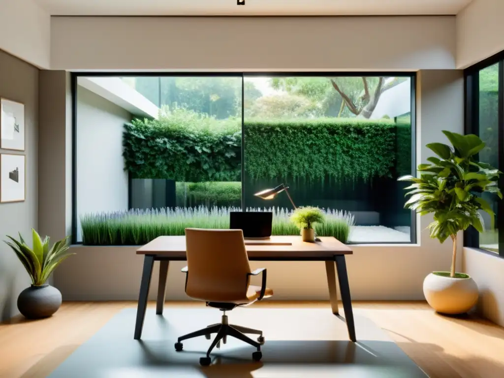 Oficina minimalista con vista a jardín, armonía Feng Shui Oficina minimalista con elementos Feng Shui y vista al jardín