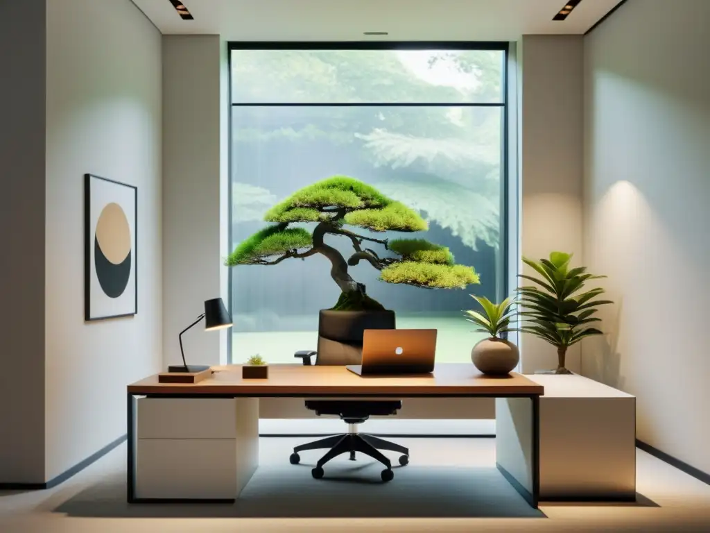 Oficina minimalista con equilibrio Feng Shui, bañada en luz natural, ventana con vista al jardín tranquilo