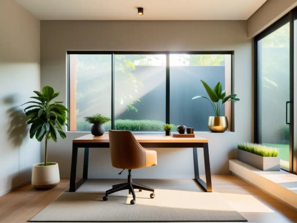 Oficina minimalista con equilibrio Feng Shui: armonía de los cinco elementos en un espacio sereno y tranquilo con vista al jardín