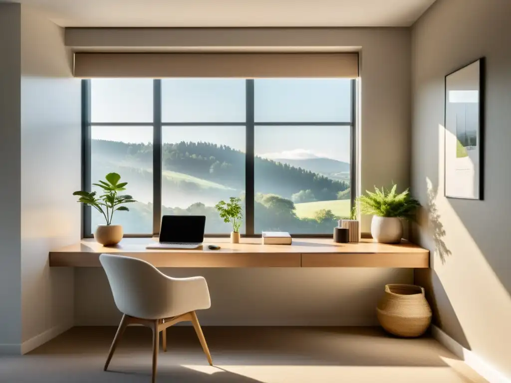 Oficina minimalista con equilibrio y armonía Feng Shui, luz natural y toque de naturaleza