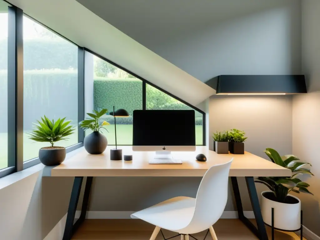 Oficina minimalista con escritorio Feng Shui, plantas y ventana al jardín para diseño de oficina armonioso