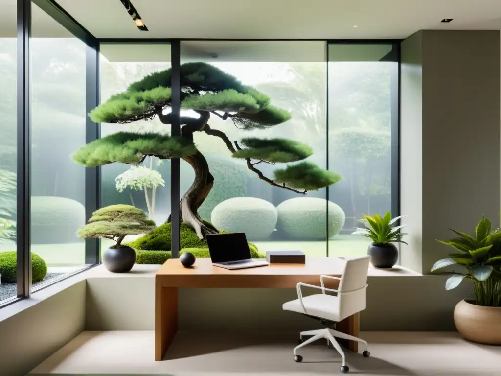 Oficina minimalista con Feng Shui en espacios comerciales: escritorio elegante con elementos armoniosos y vista a jardín tranquilo