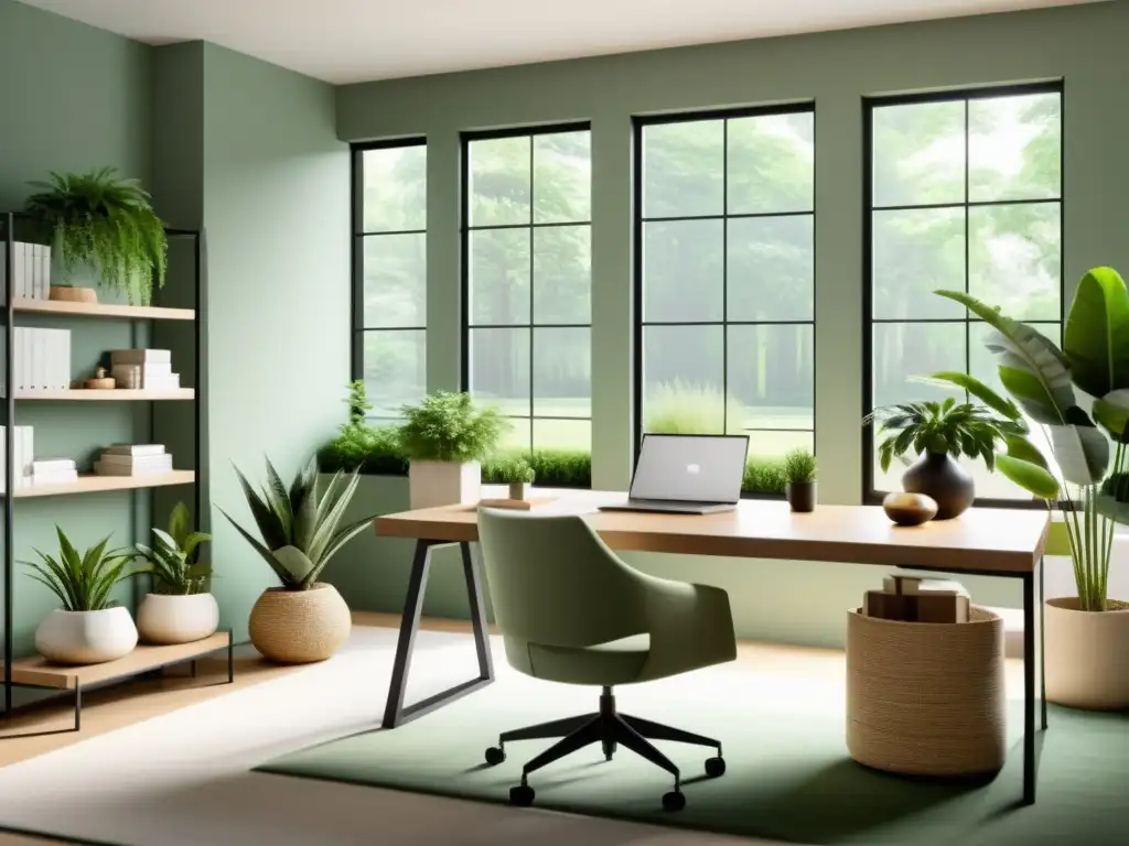 Oficina minimalista con armonía Feng Shui para espacios verdes, luz natural y decoración relajante