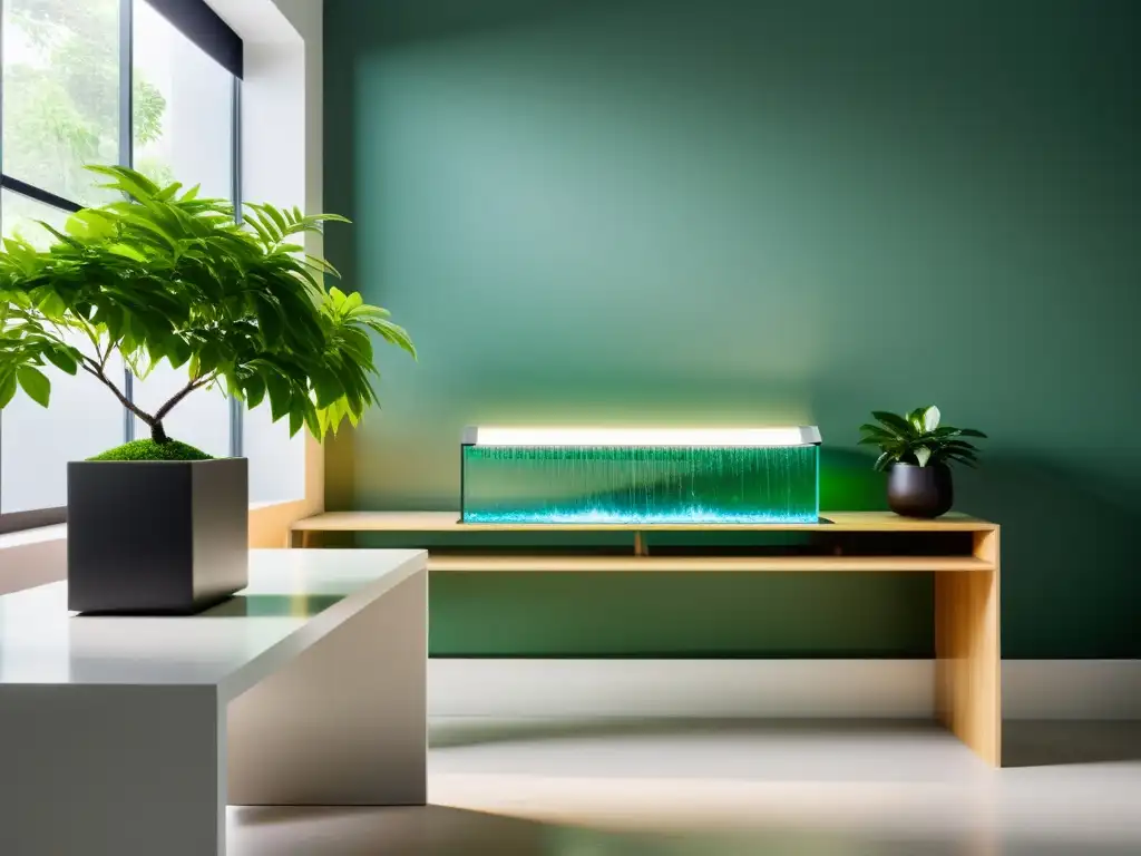 Oficina minimalista con fuente de agua Feng Shui, iluminación natural y plantas verdes para un ambiente armonioso y equilibrado