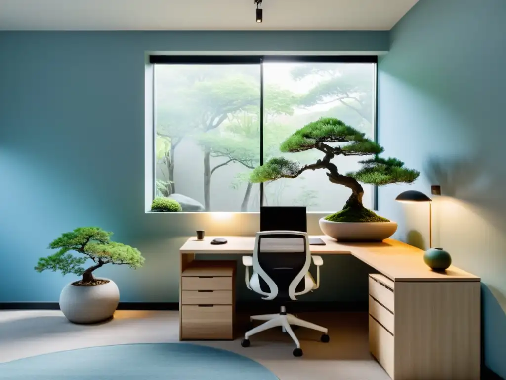 Oficina minimalista con limpieza energética negocio Feng Shui, decorada en tonos tranquilos, con vistas a un jardín sereno