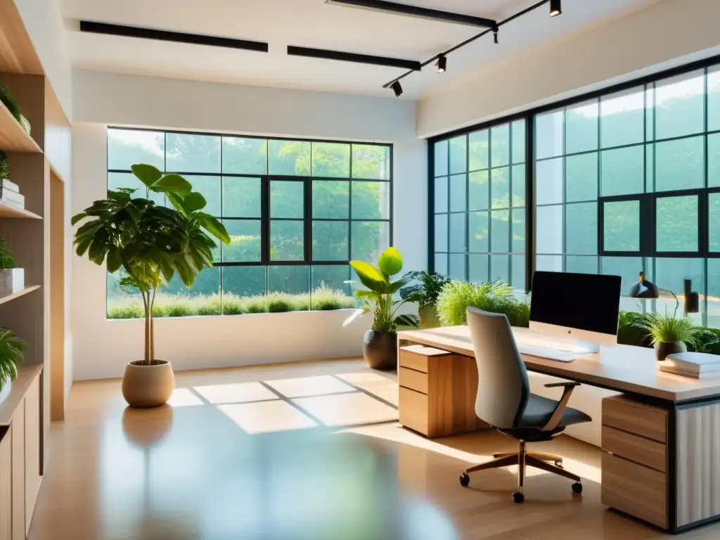 Oficina minimalista con Feng Shui, muebles de madera y plantas en un entorno inspirador y creativo