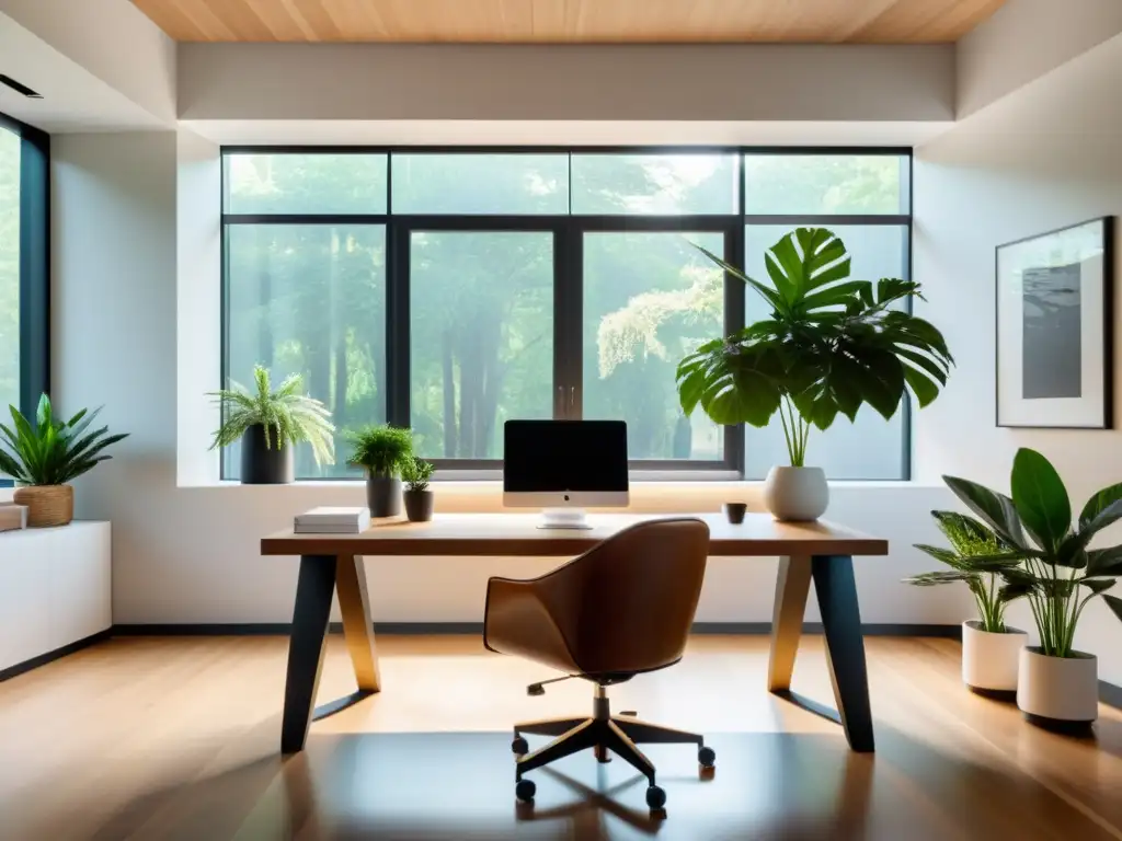 Oficina minimalista con mobiliario en feng shui, equilibrio y calma en un espacio luminoso con plantas