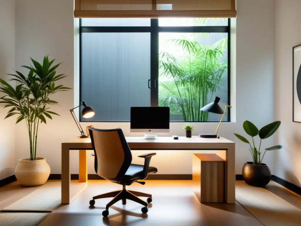 Oficina minimalista con mobiliario en feng shui, ambiente tranquilo y equilibrado