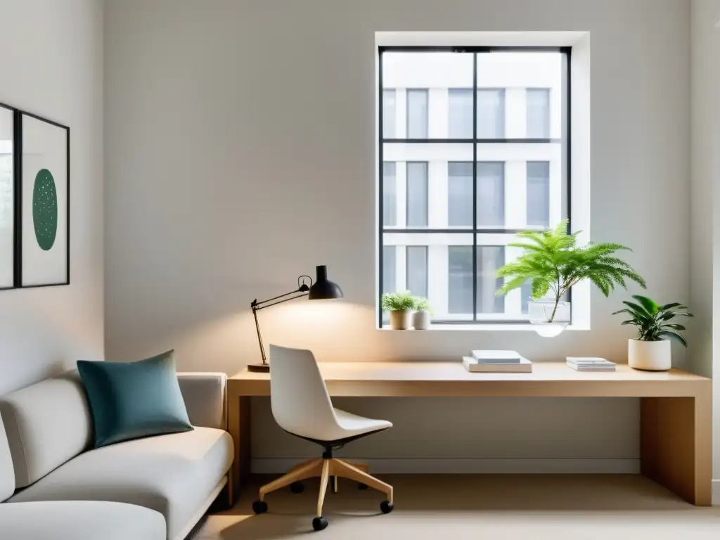 Oficina minimalista con muebles limpios y luz natural, promoviendo la armonía y el trabajo en equipo con Feng Shui