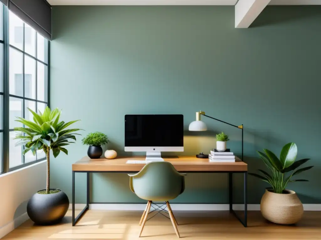 Oficina minimalista con diseño Feng Shui en muebles modernos, luz natural y ambiente armonioso